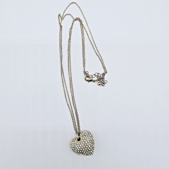 Puffy Pave Heart Necklace Gold Tone Rhinestone Double Chain Feminine Romantic - Picture 6 of 13